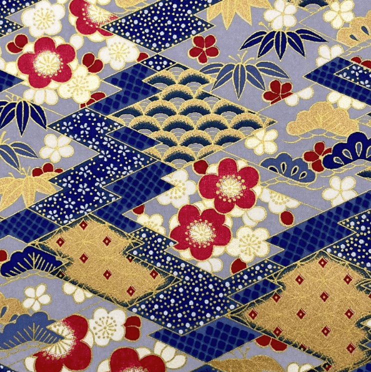 Japanese Yuzen Chiyogami Washi Paper (Y0951) - Gold, Red, and White Floral Patterns on Blue and Purple