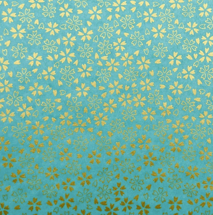 Japanese Yuzen Chiyogami Washi Paper (Y0954) - Golden Sakura on Turquoise