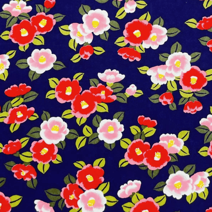 Japanese Yuzen Chiyogami Washi Paper (Y0955) - Pink and Red Blossoms on Dark Blue