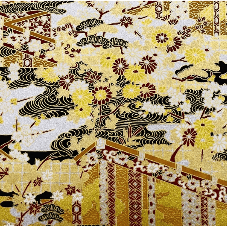 Japanese Yuzen Chiyogami Washi Paper (Y0973) – Golden Floral Elegance with Traditional Motifs