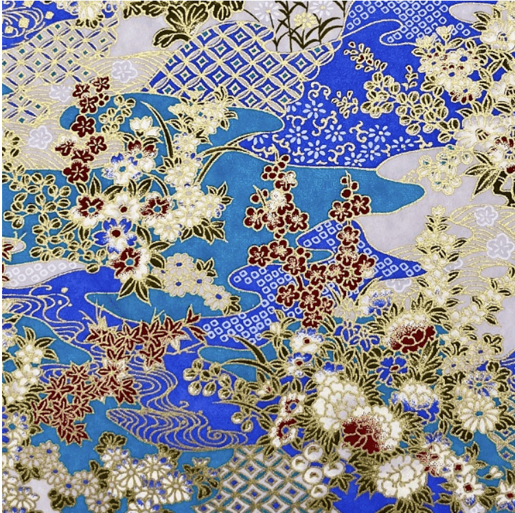 Japanese Yuzen Chiyogami Washi Paper (Y0976) – Blue & Gold Floral Landscape