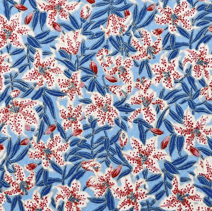 Japanese Yuzen Chiyogami Washi Paper (Y0980) – Blue Lilies with Red Accents on Light Blue