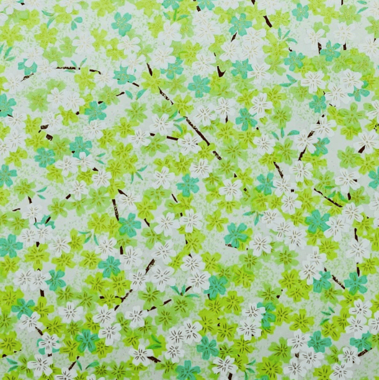 Japanese Yuzen Chiyogami Washi Paper Y1045 – Green and White Cherry Blossoms