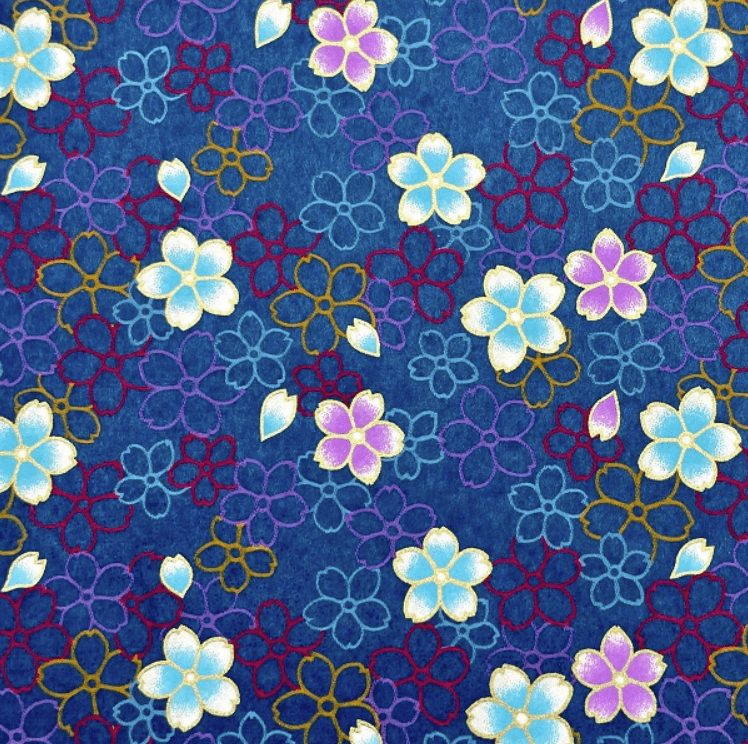 Japanese Yuzen Chiyogami Washi Paper Y1084 – Multicolored Blossoms on Deep Blue