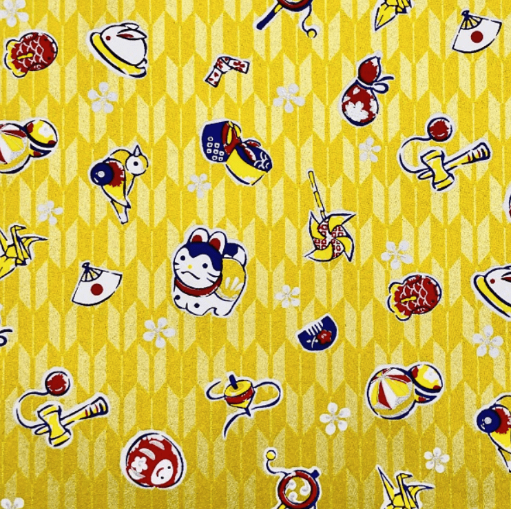 Japanese Yuzen Chiyogami Washi Paper Y1089 - Japanese Icons on Yellow