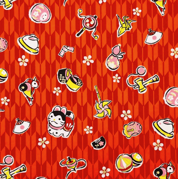 Japanese Yuzen Chiyogami Washi Paper Y1090 - Japanese Icons on Red