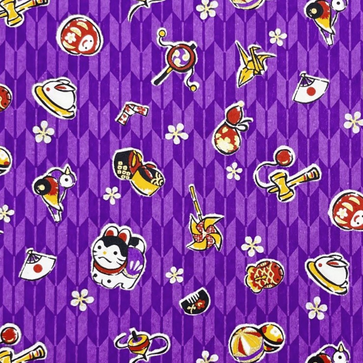 Japanese Yuzen Chiyogami Washi Paper Y1092 - Japanese Icons on Purple