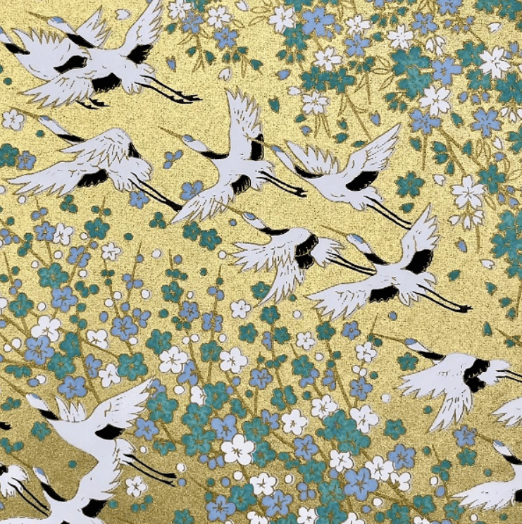 Japanese Yuzen Chiyogami Washi Paper Y1096 – Gold Crane and Floral Design