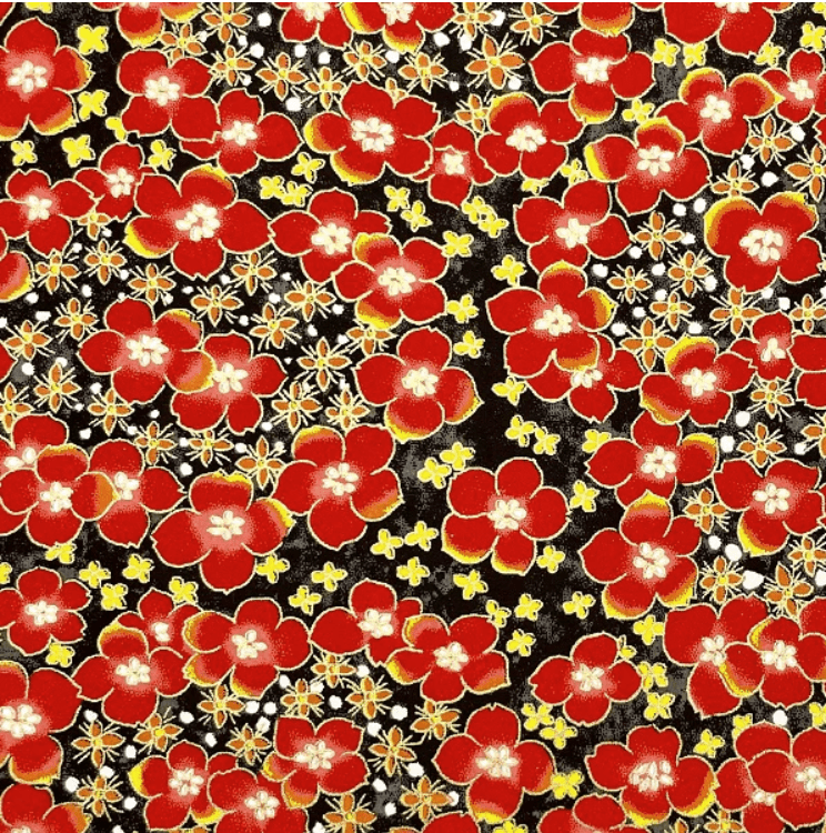 Japanese Yuzen Chiyogami Washi Paper Y1107 – Red and Yellow Blossoms on Black