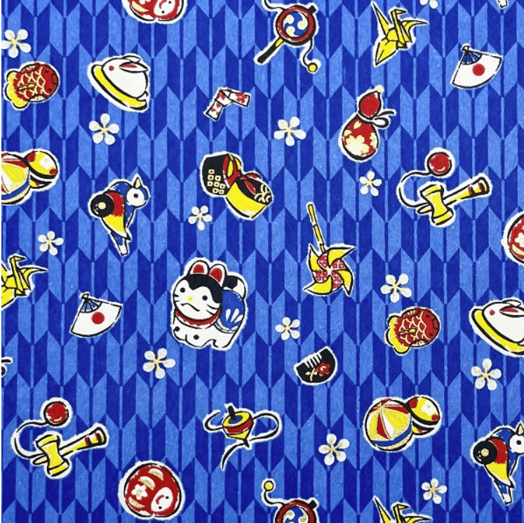 Japanese Yuzen Chiyogami Washi Paper Y1109 - Japanese Icons on Blue