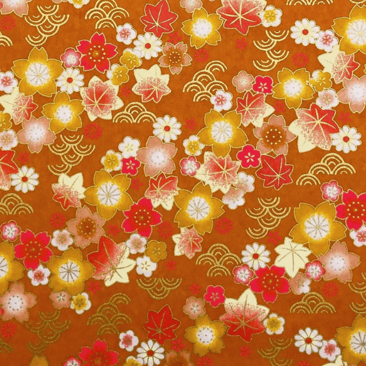 Japanese Yuzen Chiyogami Washi Paper Y1113 - Warm Florals on Golden Orange