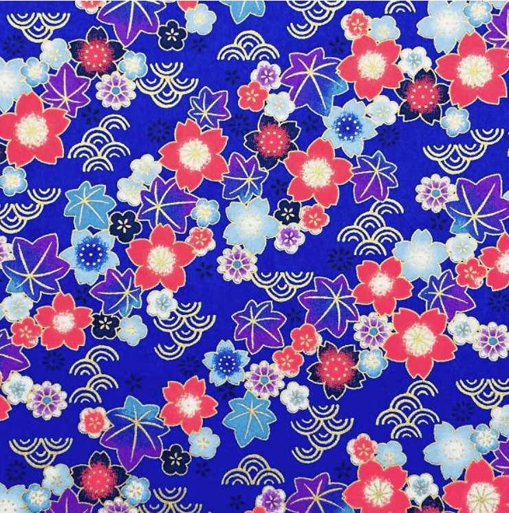 Japanese Yuzen Chiyogami Washi Paper Y1117 - Bright Florals on Royal Blue