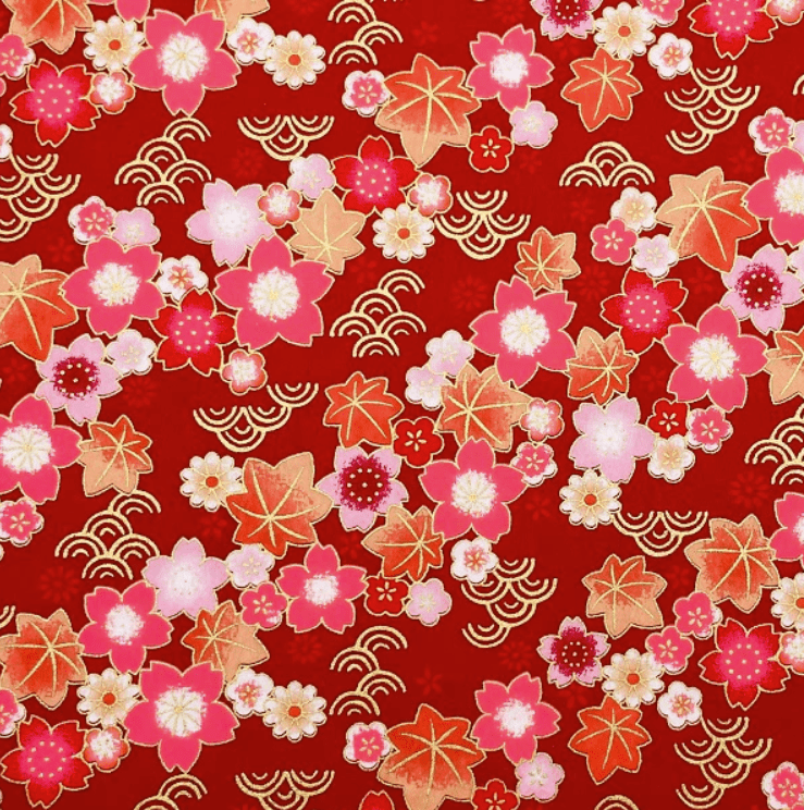 Japanese Yuzen Chiyogami Washi Paper Y1118 - Warm Florals on Crimson Red