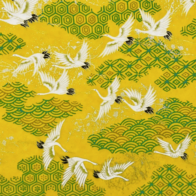 Japanese Yuzen Chiyogami Washi Paper Y1121 - Flying Cranes with Green Geometric Patterns