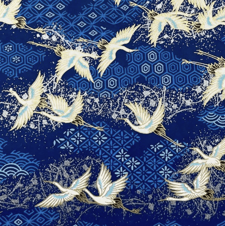 Japanese Yuzen Chiyogami Washi Paper Y1136 - Soaring Cranes on Deep Blue