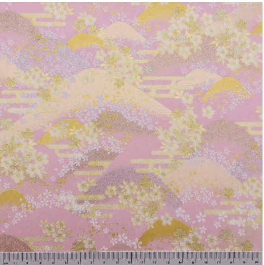 Japanese Yuzen Washi Paper Y1197 – Pastel Hills & Blossoms on Soft Pink Chiyogami