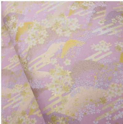 Japanese Yuzen Washi Paper Y1197 – Pastel Hills & Blossoms on Soft Pink Chiyogami