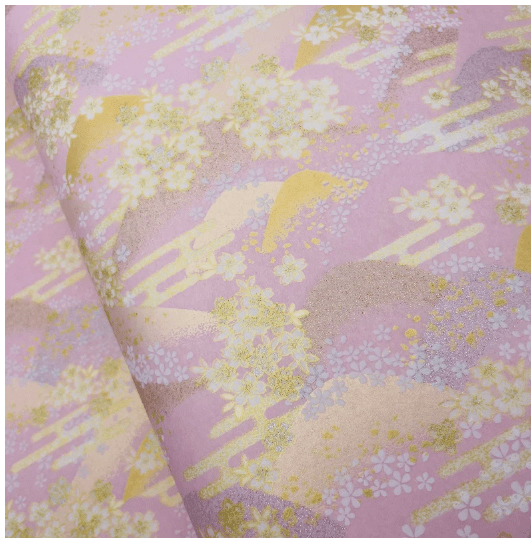 Japanese Yuzen Washi Paper Y1197 – Pastel Hills & Blossoms on Soft Pink Chiyogami