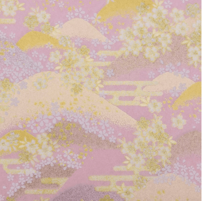 Japanese Yuzen Washi Paper Y1197 – Pastel Hills & Blossoms on Soft Pink Chiyogami