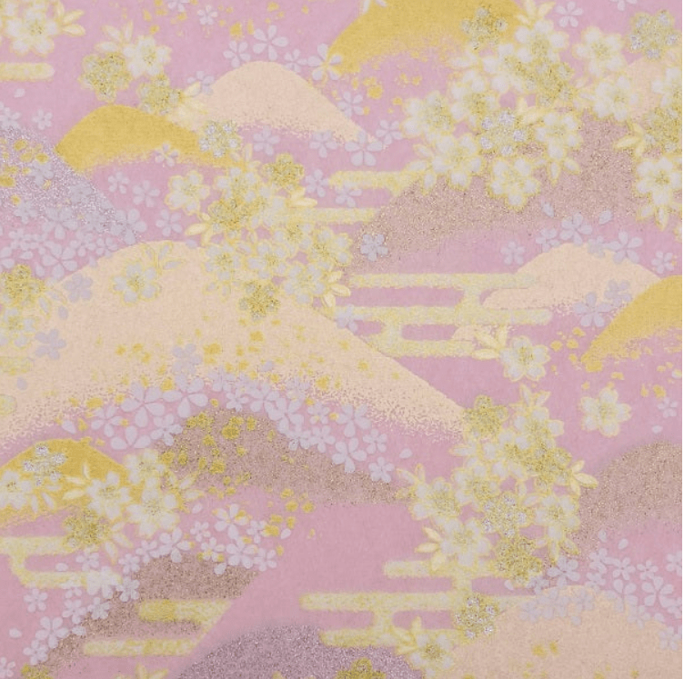 Japanese Yuzen Washi Paper Y1197 – Pastel Hills & Blossoms on Soft Pink Chiyogami