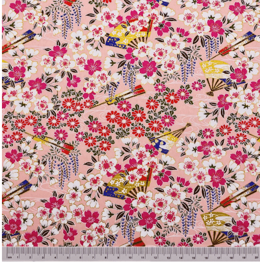 Japanese Yuzen Washi Paper Y1198 – Cherry Blossoms & Fans on Peach Pink Chiyogami