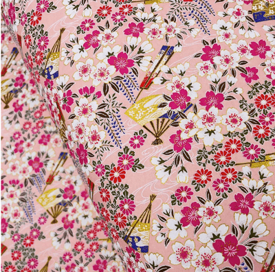 Japanese Yuzen Washi Paper Y1198 – Cherry Blossoms & Fans on Peach Pink Chiyogami