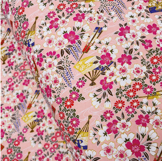 Japanese Yuzen Washi Paper Y1198 – Cherry Blossoms & Fans on Peach Pink Chiyogami