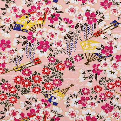 Japanese Yuzen Washi Paper Y1198 – Cherry Blossoms & Fans on Peach Pink Chiyogami