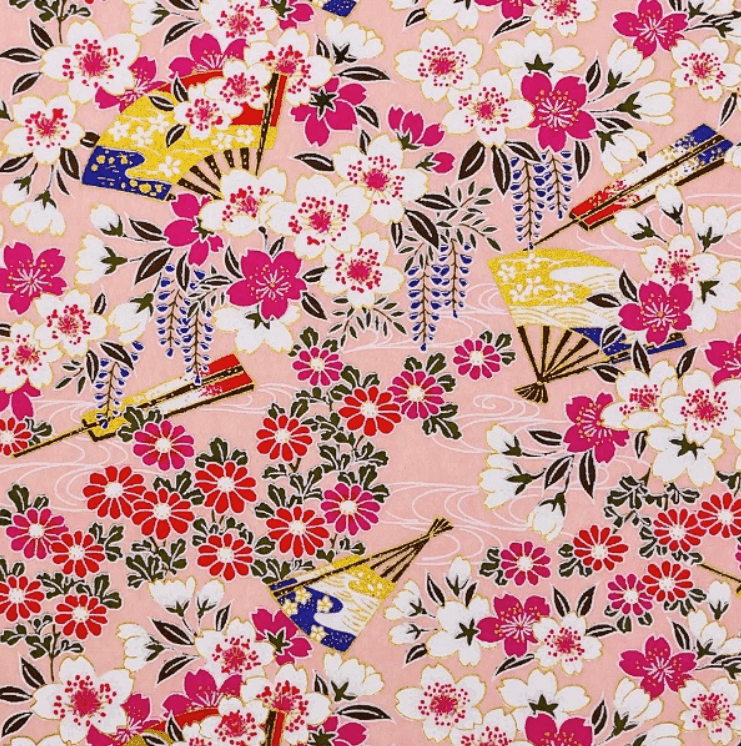 Japanese Yuzen Washi Paper Y1198 – Cherry Blossoms & Fans on Peach Pink Chiyogami