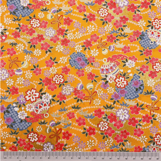Japanese Yuzen Washi Paper Y1199 – Festive Florals & Temari Balls on Orange Chiyogami