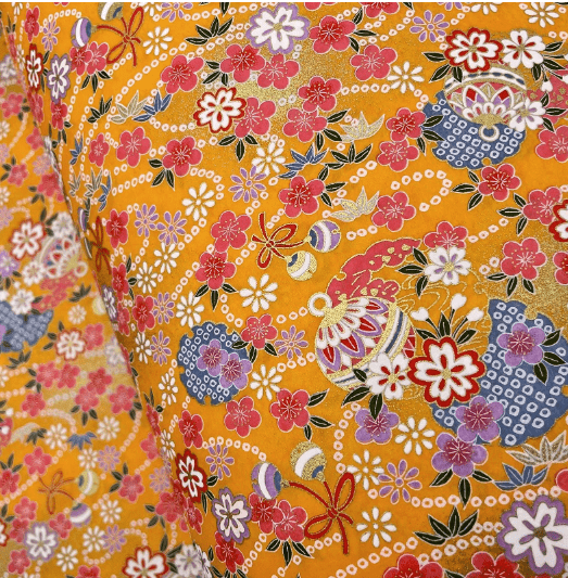 Japanese Yuzen Washi Paper Y1199 – Festive Florals & Temari Balls on Orange Chiyogami