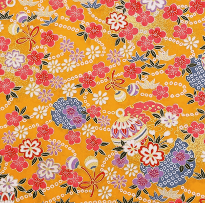 Japanese Yuzen Washi Paper Y1199 – Festive Florals & Temari Balls on Orange Chiyogami