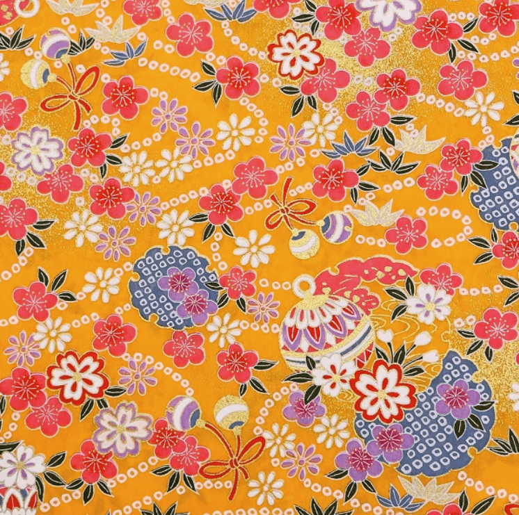 Japanese Yuzen Washi Paper Y1199 – Festive Florals & Temari Balls on Orange Chiyogami