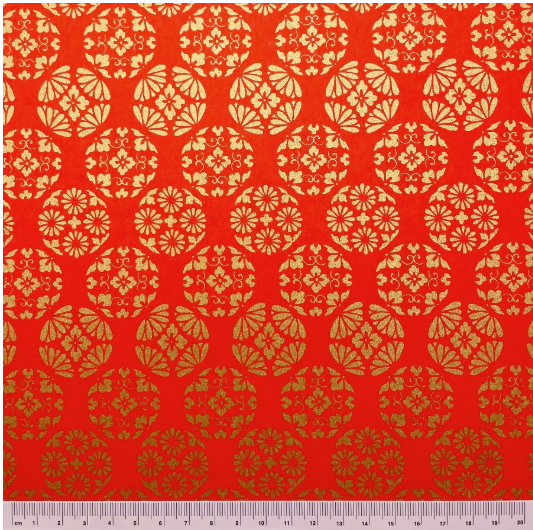 Yuzen Washi Paper Y1223 – Gold Kikko with Crest Motifs on Red (Japanese Chiyogami)