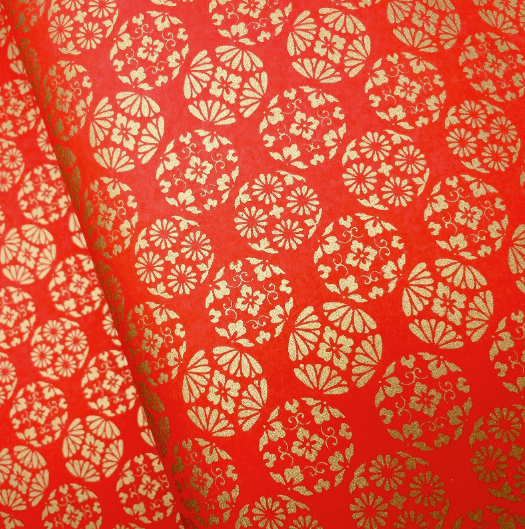 Yuzen Washi Paper Y1223 – Gold Kikko with Crest Motifs on Red (Japanese Chiyogami)