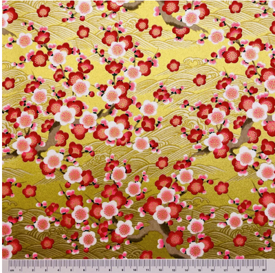 Yuzen Washi Paper Y1226 – Red & White Plum Blossom on Gold (Japanese Chiyogami)