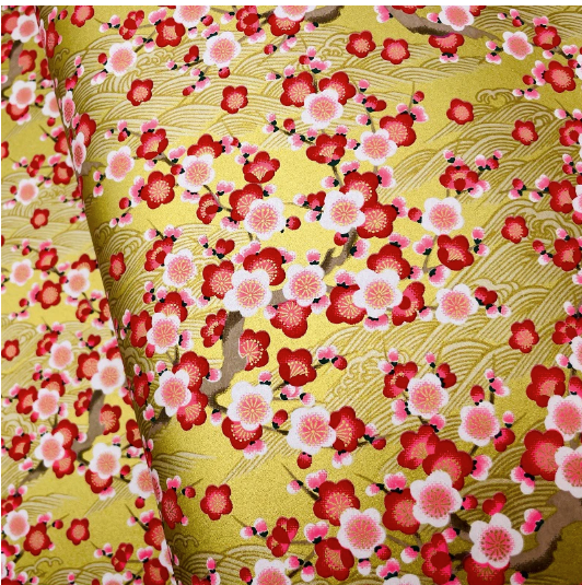 Yuzen Washi Paper Y1226 – Red & White Plum Blossom on Gold (Japanese Chiyogami)