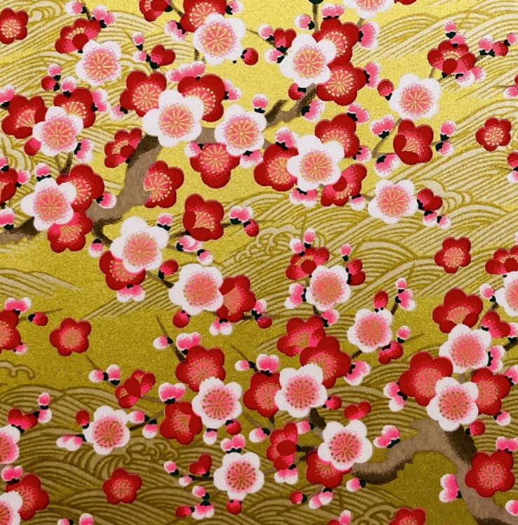 Yuzen Washi Paper Y1226 – Red & White Plum Blossom on Gold (Japanese Chiyogami)