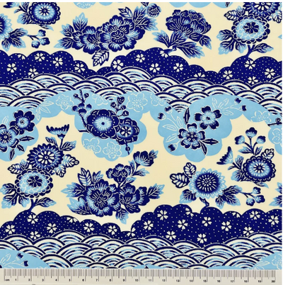 Yuzen Washi Paper Y1227 – Blue Floral Clouds & Seigaiha (Japanese Chiyogami)