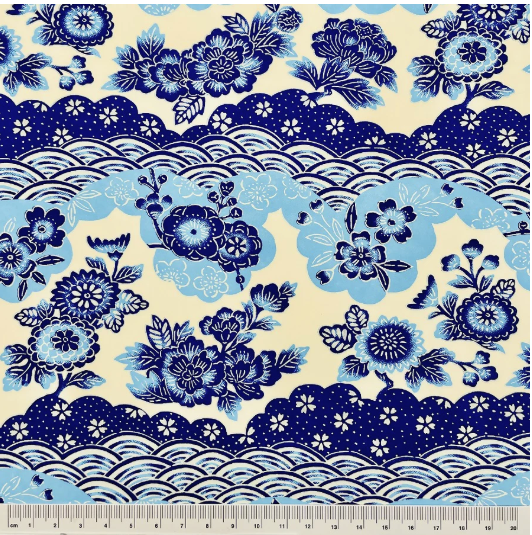 Yuzen Washi Paper Y1227 – Blue Floral Clouds & Seigaiha (Japanese Chiyogami)