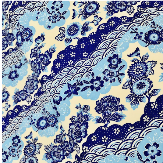Yuzen Washi Paper Y1227 – Blue Floral Clouds & Seigaiha (Japanese Chiyogami)