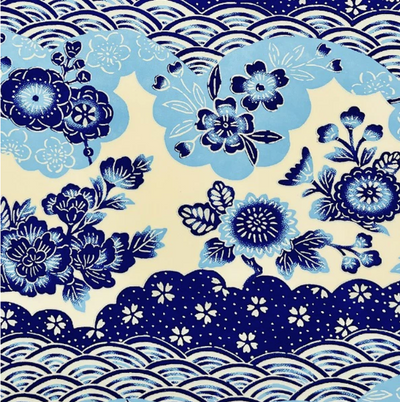 Yuzen Washi Paper Y1227 – Blue Floral Clouds & Seigaiha (Japanese Chiyogami)