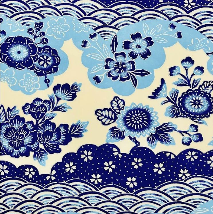 Yuzen Washi Paper Y1227 – Blue Floral Clouds & Seigaiha (Japanese Chiyogami)