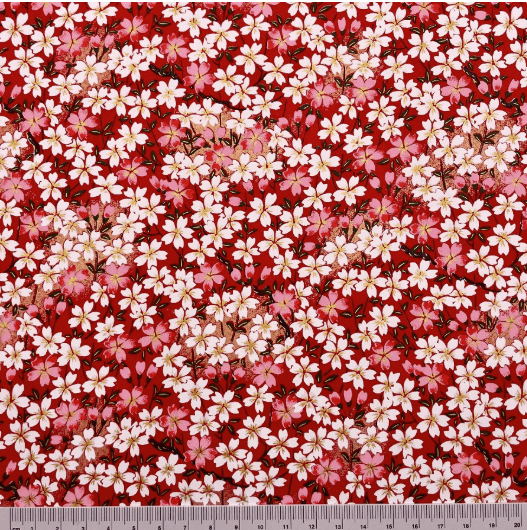 Japanese Yuzen Washi Paper Y1242 – White & Pink Cherry Blossoms on Red Chiyogami