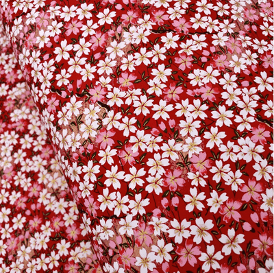 Japanese Yuzen Washi Paper Y1242 – White & Pink Cherry Blossoms on Red Chiyogami