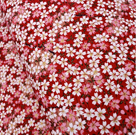 Japanese Yuzen Washi Paper Y1242 – White & Pink Cherry Blossoms on Red Chiyogami