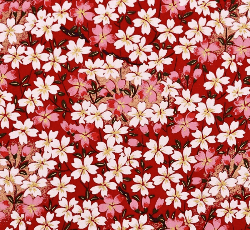Japanese Yuzen Washi Paper Y1242 – White & Pink Cherry Blossoms on Red Chiyogami