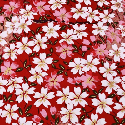 Japanese Yuzen Washi Paper Y1242 – White & Pink Cherry Blossoms on Red Chiyogami