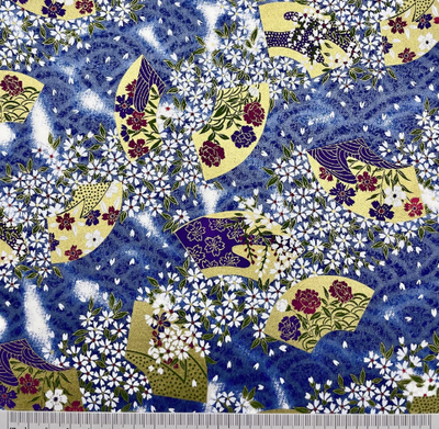 Yuzen Washi Paper Y1245 – Gold Fans & Blossoms on Blue Wave (Japanese Chiyogami)