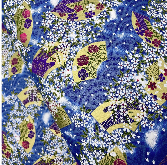 Yuzen Washi Paper Y1245 – Gold Fans & Blossoms on Blue Wave (Japanese Chiyogami)
